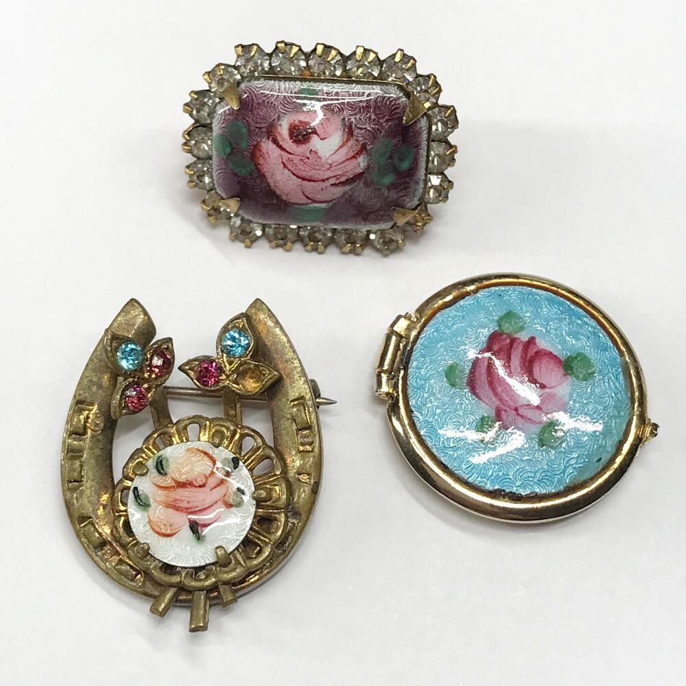 Vintage Victorian Guilloche Enamel Rose Horseshoe Gilt Brooch Lot Set of 3